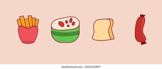 Set of 4 Doodle Food, thin Doodle style, vector illustration