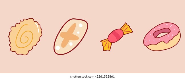Set of 4 Doodle Food, thin Doodle style, vector illustration