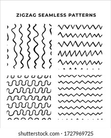 Conjunto de 4 doodle zigzag fondo de patrón sin fisuras. Escurrimiento abstracto y textura de línea de zigzag ilustración vectorial para papel tapiz, cubierta, banner, impresión de tela, adorno de plantilla de diseño, fondo