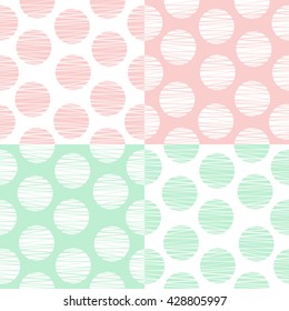 Set of 4 dotted seamless patterns in pink and green. Vector illustration for fabrics, textiles, wallpapers, interior design, linens, clothing, covers, web backgrounds, surface textures, etc.