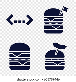 Set of 4 double filled icons such as double burger with flag, burger with sausage, double burger