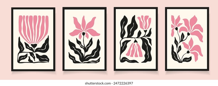 Conjunto 4 ilustraciones abstractas florales de dibujo en estilo Matisse. Flor ondulada rosa y ramas negras sobre fondo blanco. Diseño moderno para póster, cubierta, impresión, tarjeta.