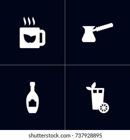 Set Of 4 Drinks Icons Set.Collection Of Green Tea, Turkish Coffee, Alcohol And Other Elements.