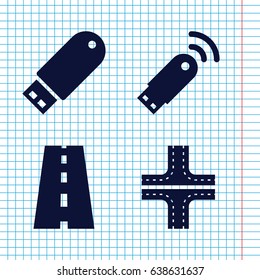 Set of 4 drive filled icons such as road, flash drive