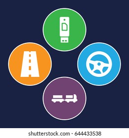 Set of 4 drive filled icons such as truck with luggage, road, wheel