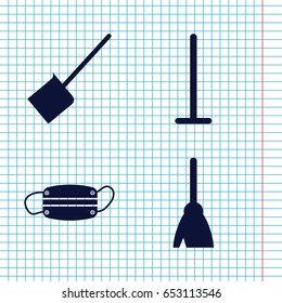Set of 4 dust filled icons such as broom, mop, dustpan