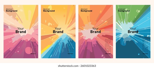 Set of 4 dynamic abstract background cover designs with colorful bursts and gradient effects. Perfect for branding, posters, flyers, social media, business presentations.