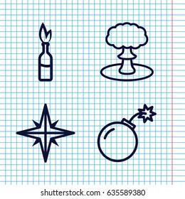 Set of 4 dynamite outline icons such as bomb, explosion