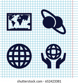 Set of 4 earth filled icons such as holding globe, planet and satellite, world map