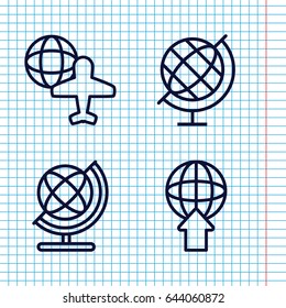 Set of 4 earth outline icons such as globe, globe and plane