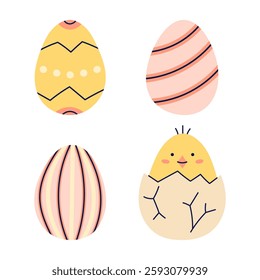 Set of 4 Easter Eggs. Happy Easter hand drawn card. Flat illustration with partial outline. Isolated vector illustration.