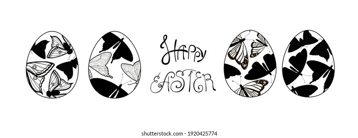 A set of 4 Easter eggs of transparent color with a black outline and a black silhouette of butterflies inside, and the lettering Happy Easter. Stock vector illustration isolated on a white background.