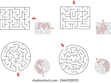 Set of 4 easy labyrinths. High quality simple mazes for children and family activity with solutions - red passing routes.