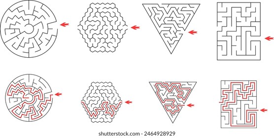 Set von 4 einfachen Labyrinthen. Hochwertige einfache Labyrinthe für Kinder und Familienaktivitäten mit Lösungen - rote Passrouten.