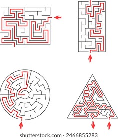 Conjunto de 4 laberintos fáciles. Laberintos sencillos de alta calidad para niños y actividades familiares con soluciones - rutas de paso rojas.