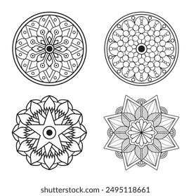 conjunto de 4 fáciles páginas para colorear mandala para adultos y niños - simple mandalas arte en blanco y negro para kdp - dibujado a mano mandala patrón Vector 