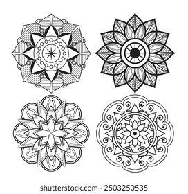 Set of 4 Easy mandala coloring pages for color - Simple mandalas black and white outline vector pattern hand drawning outline artwork - Mandala Bundle Design