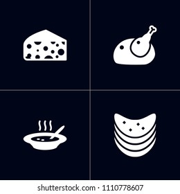 Set of 4 eat icons set. Collection of cheese, chips, baked turkey and other elements.
