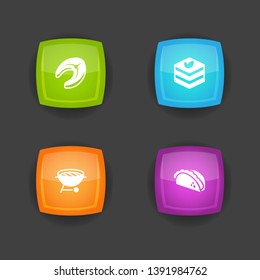 Set of 4 eat icons set. Collection of raw fish, tacos, bbq and other elements.