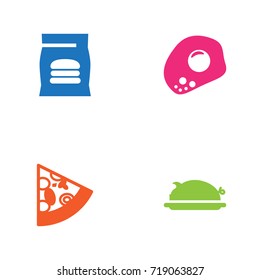 Set Of 4 Eat Icons Set.Collection Of Pepperoni, Pork, Eggs And Other Elements.