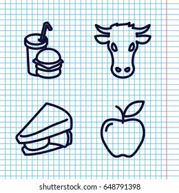 Set of 4 eat outline icons such as cow, sandwich, burger and drink