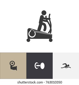Set Of 4 Editable Active Icons. Includes Symbols Such As Training Pool, Heavy Training, Instruction Male And More. Can Be Used For Web, Mobile, UI And Infographic Design.