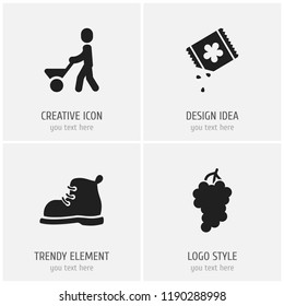 Set of 4 editable agriculture icons. Includes symbols such as boot, soil carrying, grape and more. Can be used for web, mobile, UI and infographic design.