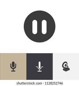 Set of 4 editable audio icons. Includes symbols such as gramophone, phonogram, break music and more. Can be used for web, mobile, UI and infographic design.