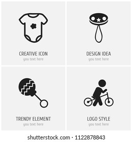 Set of 4 editable baby icons. Includes symbols such as beanbag, bodysuit, wheels and more. Can be used for web, mobile, UI and infographic design.