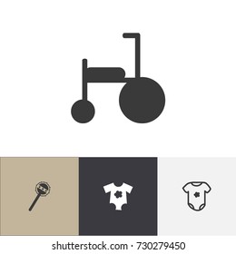 Set Of 4 Editable Baby Icons. Includes Symbols Such As Cotton Apparel, Bike, Maraca And More. Can Be Used For Web, Mobile, UI And Infographic Design.