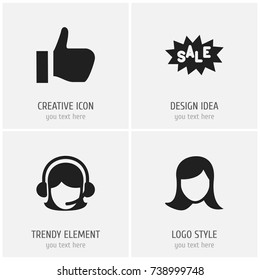Set Of 4 Editable Business Icons. Includes Symbols Such As Discount Tag, Lady Aspect, Receptionist And More. Can Be Used For Web, Mobile, UI And Infographic Design.