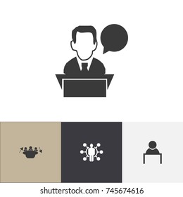Set Of 4 Editable Business Icons. Includes Symbols Such As Speech, Meeting, Talking Man And More. Can Be Used For Web, Mobile, UI And Infographic Design.