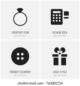 Set Of 4 Editable Business Icons. Includes Symbols Such As Present  Box, Sewing, Device And More. Can Be Used For Web, Mobile, UI And Infographic Design.