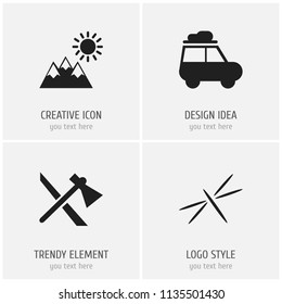 Set of 4 editable camping icons. Includes symbols such as dragonfly, caravan, pinnacle and more. Can be used for web, mobile, UI and infographic design.