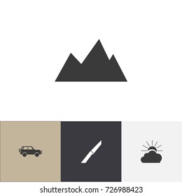 Set Of 4 Editable Camping Icons. Includes Symbols Such As Sport Vehicle, Peak, Sunrise And More. Can Be Used For Web, Mobile, UI And Infographic Design.