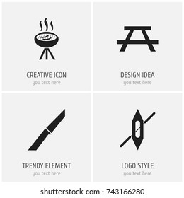 Set Of 4 Editable Camping Icons. Includes Symbols Such As Knife, Barbecue, Desk And More. Can Be Used For Web, Mobile, UI And Infographic Design.