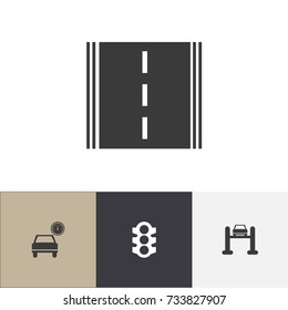 Set Of 4 Editable Car Icons. Includes Symbols Such As Stoplight, Highway, Service And More. Can Be Used For Web, Mobile, UI And Infographic Design.