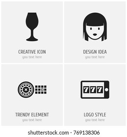 Set Of 4 Editable Casino Icons. Includes Symbols Such As Fortune, Phone Game, Wine And More. Can Be Used For Web, Mobile, UI And Infographic Design.