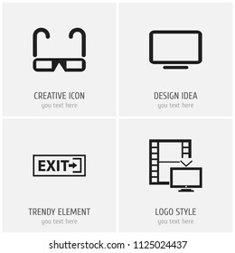 Set of 4 editable cinema icons. Includes symbols such as computer screen, exit, telly and more. Can be used for web, mobile, UI and infographic design.