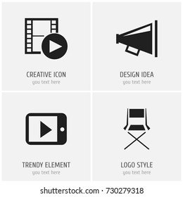 Set Of 4 Editable Cinema Icons. Includes Symbols Such As Record, Tablet Play, Loudspeaker And More. Can Be Used For Web, Mobile, UI And Infographic Design.