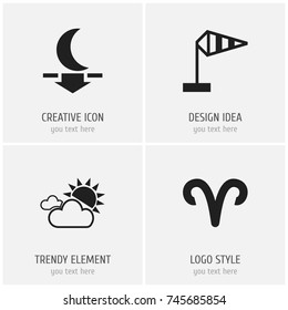 Set Of 4 Editable Climate Icons. Includes Symbols Such As Overcast Weather, Lunar, Ram And More. Can Be Used For Web, Mobile, UI And Infographic Design.