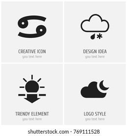 Set Of 4 Editable Climate Icons. Includes Symbols Such As Sundown, Moonlight, Hailstorm And More. Can Be Used For Web, Mobile, UI And Infographic Design.