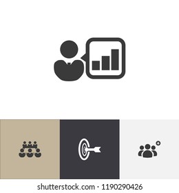 Set of 4 editable community icons. Includes symbols such as partnership, target, diagram and more. Can be used for web, mobile, UI and infographic design.