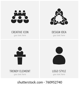 Set Of 4 Editable Community Icons. Includes Symbols Such As Cooperation, Speaker, Debate And More. Can Be Used For Web, Mobile, UI And Infographic Design.