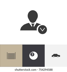 Set Of 4 Editable Complex Icons. Includes Symbols Such As Car, Work Man, Billiard And More. Can Be Used For Web, Mobile, UI And Infographic Design.