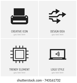 Set Of 4 Editable Computer Icons. Includes Symbols Such As Printing Machine, Monitor, Motherboard And More. Can Be Used For Web, Mobile, UI And Infographic Design.