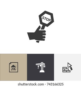 Set Of 4 Editable Construction Icons. Includes Symbols Such As House Plan, Lifting Equipment, Facing And More. Can Be Used For Web, Mobile, UI And Infographic Design.