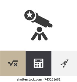 Set Of 4 Editable Education Icons. Includes Symbols Such As Measurement, Telescope, Calculate And More. Can Be Used For Web, Mobile, UI And Infographic Design.