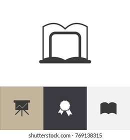 Set Of 4 Editable Education Icons. Includes Symbols Such As Dictionary, Book Rack, Chart Board And More. Can Be Used For Web, Mobile, UI And Infographic Design.