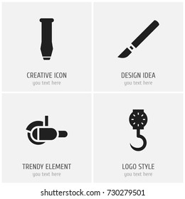 Set Of 4 Editable Equipment Icons. Includes Symbols Such As Medical Instrument, Bore, Mincing Machine And More. Can Be Used For Web, Mobile, UI And Infographic Design.